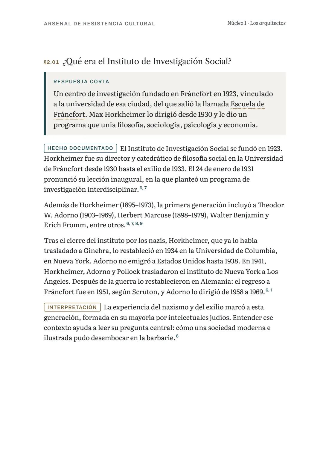 Página del núcleo 1 sobre la Escuela de Fráncfort con párrafos etiquetados