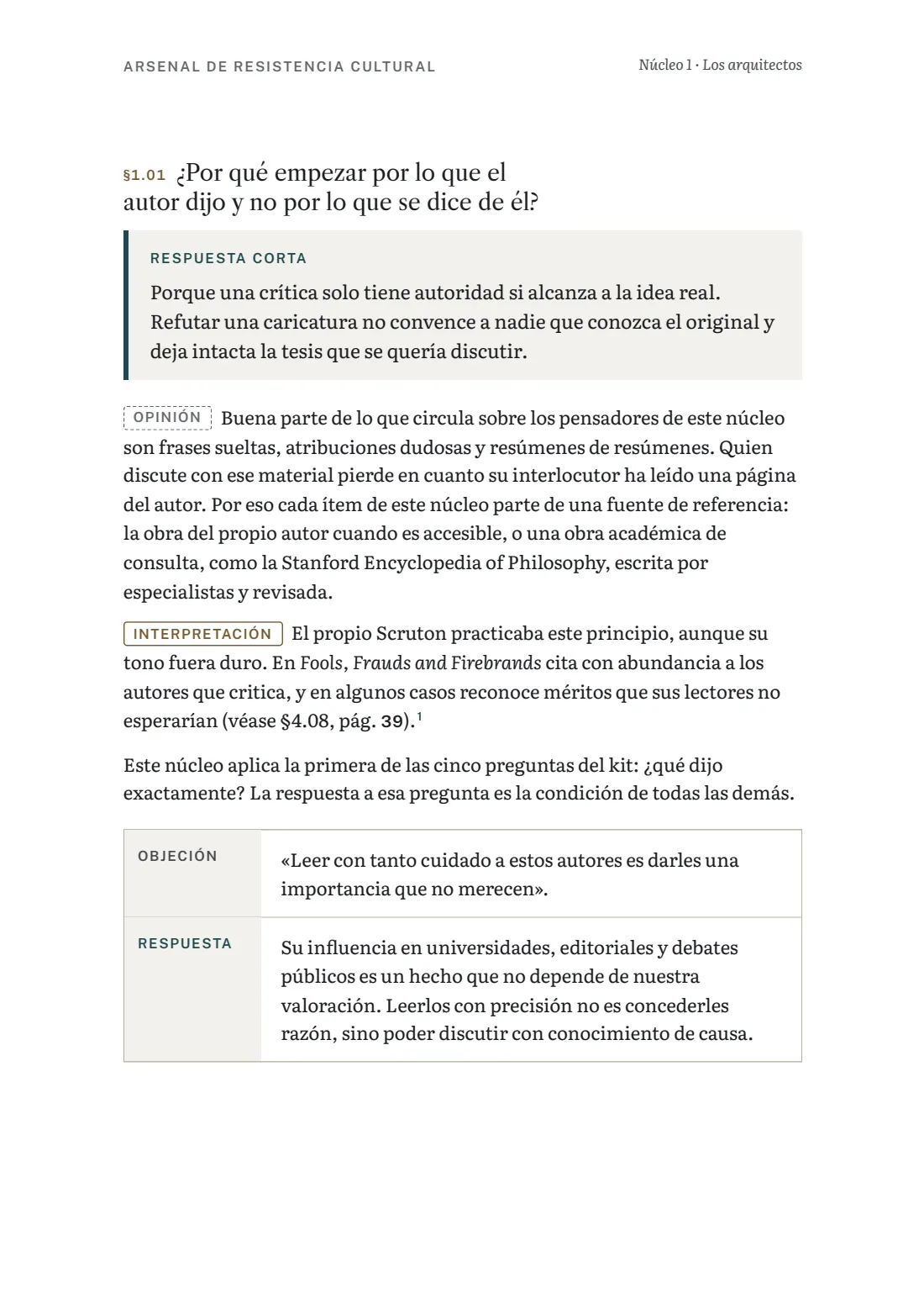 Página del núcleo 1 con dos ítems y sus respuestas cortas