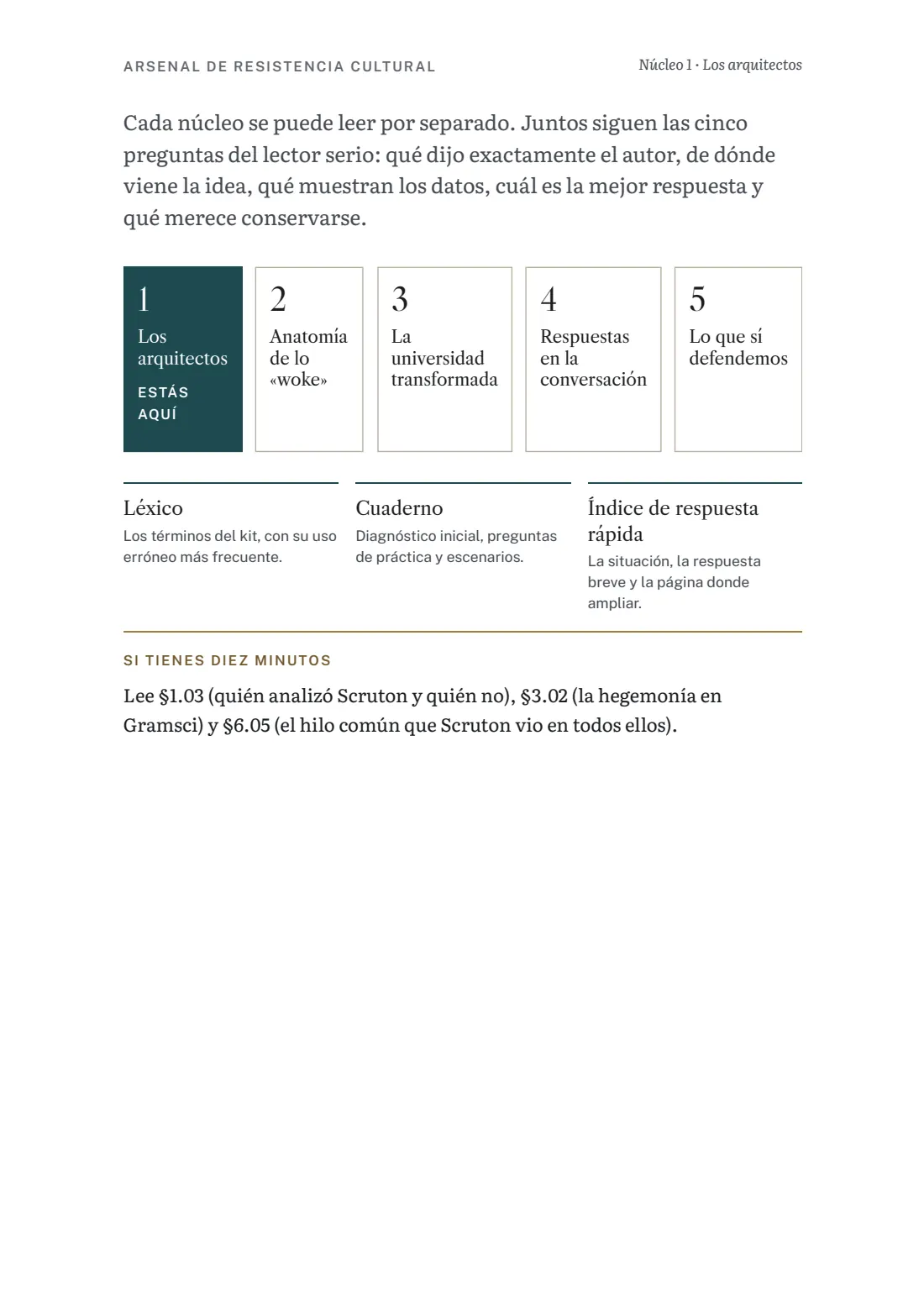 Página del núcleo 1 con el mapa de las cinco piezas del kit