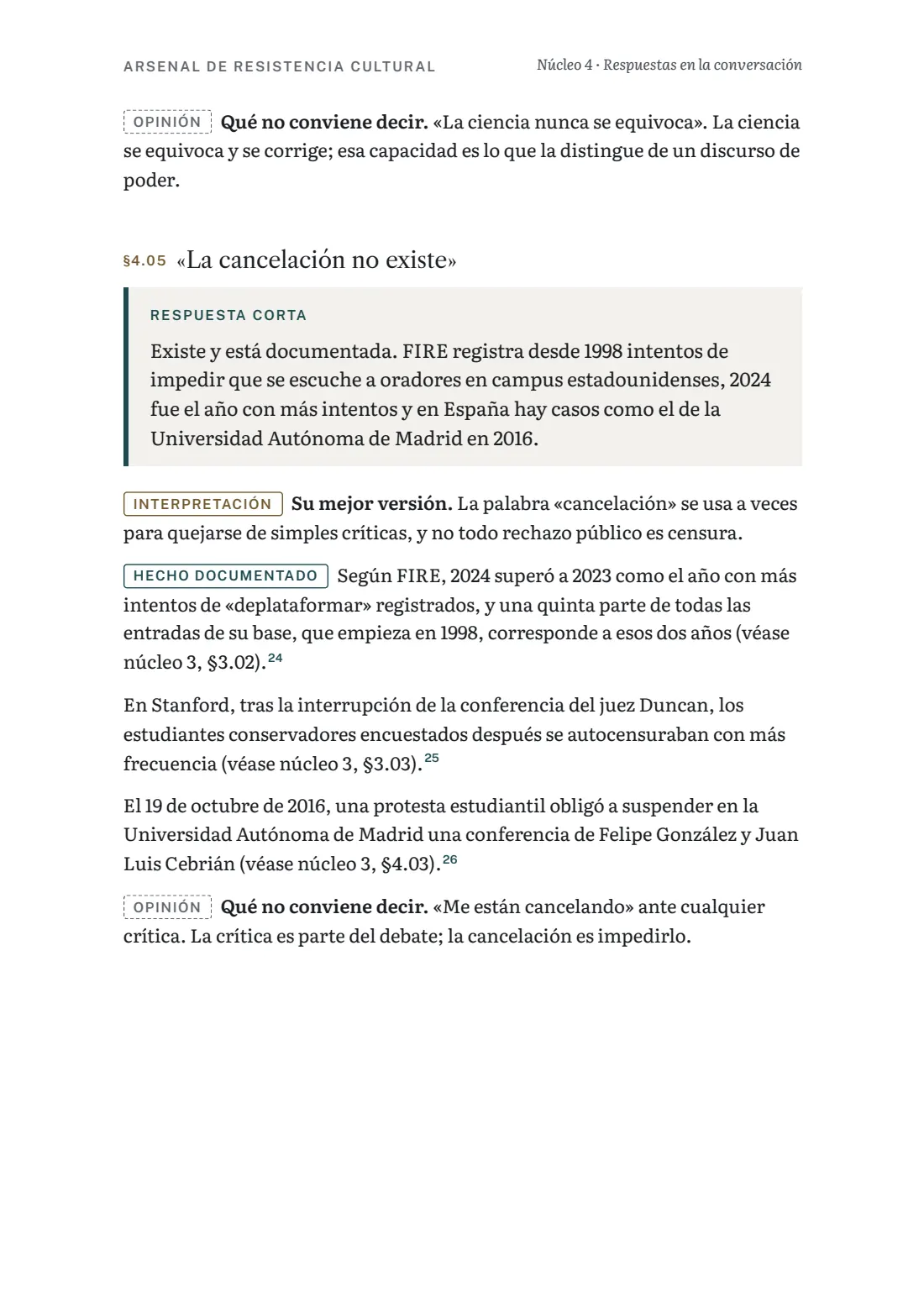 Página del núcleo 4 con el ítem «La cancelación no existe»