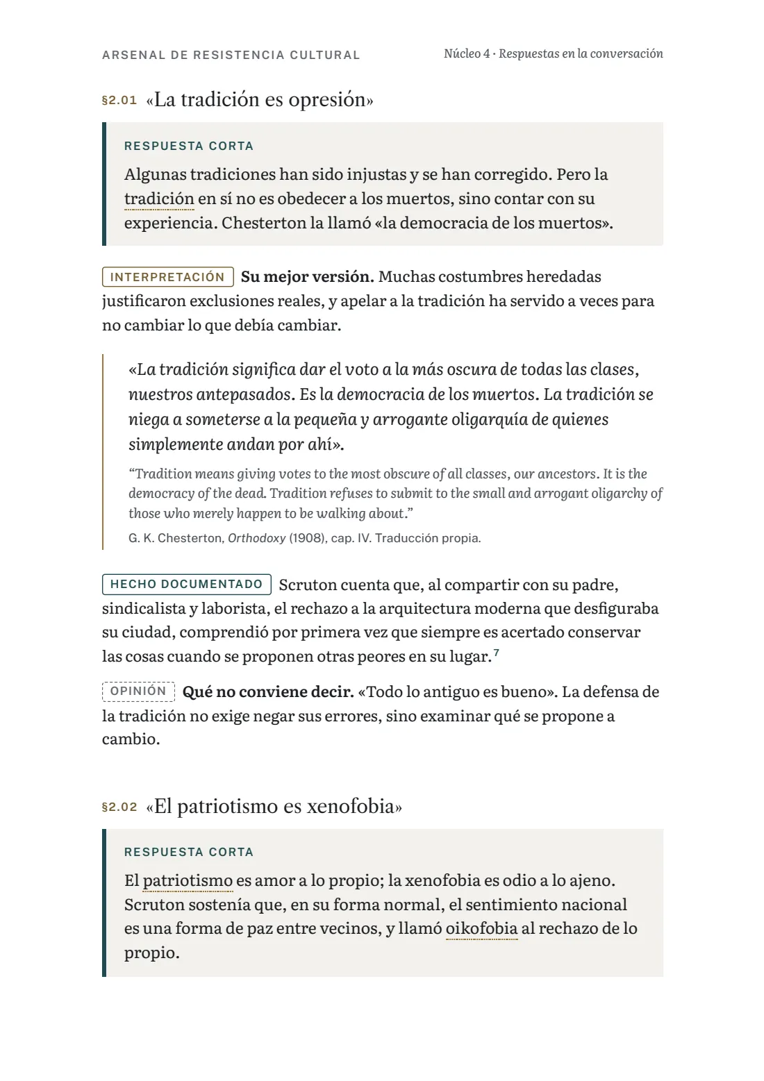 Página del núcleo 4 con la frase «La tradición es opresión» y su respuesta